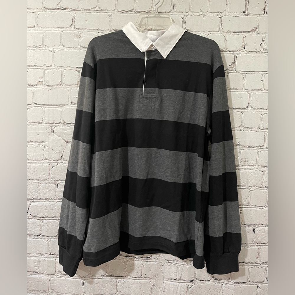 Charles River Apparel Rugby Shirt Men L Black Gray Striped Long Sleeve NWT